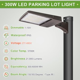480V 300W LED Parking Lot Light, 5000K 42000LM [Eqv. 1000W HPS] LED Shoebox Light with Direct Pole Mount, Outdoor Area Street Light, IP65 20KV Surge Protection, AC 277-480V, UL&DLC Certified