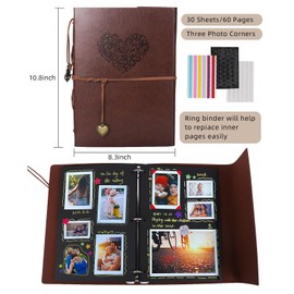 RECUTMS Leather Photo Album Scrapbook Vintage Leather Cover 60 Pages Premium Black Paper Memory Book Children Back to School Gifts Holy Communion Gifts for Girls Boys Birthday Presents for Kids(Heart)