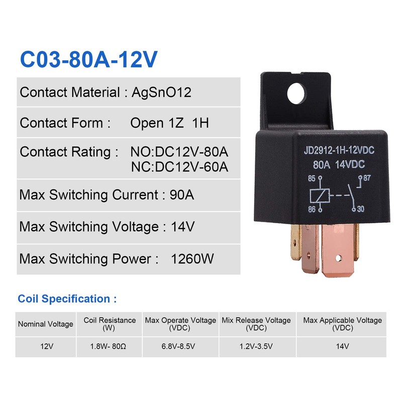 EHDIS 4-Pin Relay 12V 80A Automotive Car Relay On/Off Normally