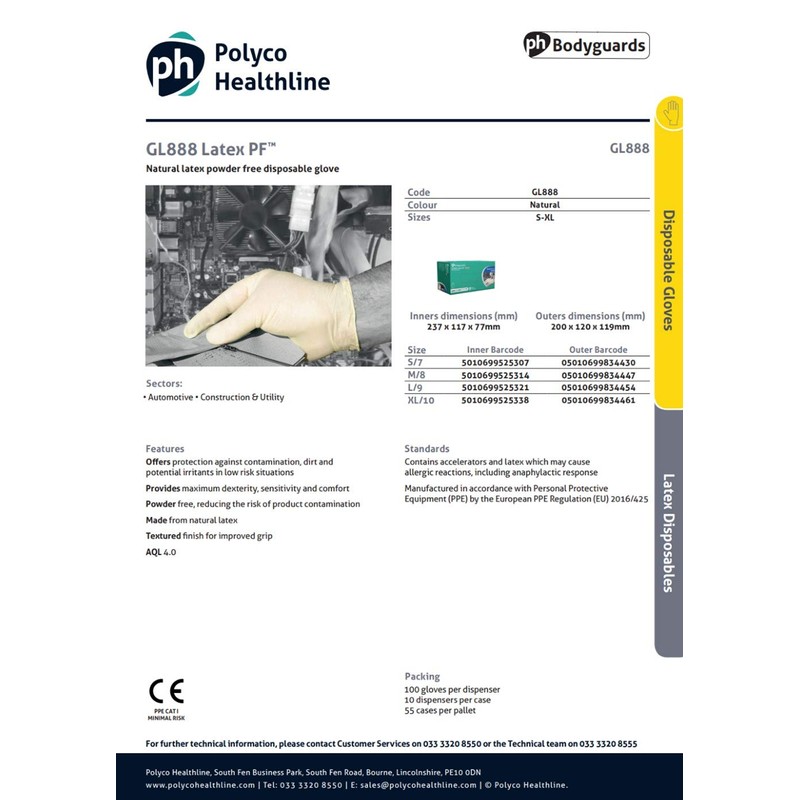 Polyco GL8885 Bodyguards 4 Latex Powder Free Disposable Glove, Size