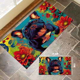 amepay French Bulldog Indoor Door Mat – Stylish 17x29.5in Non-Woven Fabric Floor Doormat with Colorful Floral Dog Design,Frenchie Doormats,for Porch Insider,Bedroom,Living Room – Decor Rug Gifts