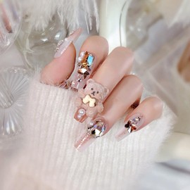 XUZOO 24 Pcs Nail Tips, Fake Nails, Short, Long, Cute, Fashionable, Popular, Plain, Simple, Nail Stickers, False Nail Tool, Double-Sided Tape Included (Plush Bear-chan)