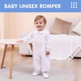 Booulfi Gender Neutral Baby Clothes Fall Winter Baptism Christening Outfits For Boys Girls Peter Pan Collar White Romper Footless Long Sleeve Baby Sleepers,12-18 Months