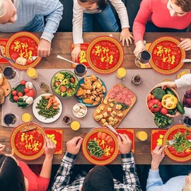 Wiooffen 96 Pcs Chinese New Year Party Plates Napkins Tableware Set Happy 2026 Horse Year Supplies Disposable Dinnerware Spring Festival Decoration Favors for Chinese New Year Eve, 24 Guests