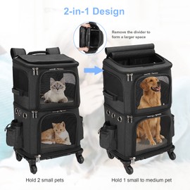 HOVONO Double-Compartment Pet Carrier Backpack with Wheels for Small Cats and Dogs, Cat Rolling Carrier for 2 Cats, Perfect for Traveling/Taking a Walk/Trips to The Vet, Black