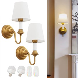 Teqinchy Battery Operated Wall Sconces Set of 2,Vintage Brass Gold Fabric Sconce Light with Linen Cloth Shade Dimmable Rechargeable Cordless Wall Mounted Lamp for Bedroom Living Room Hallway