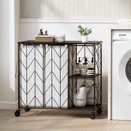 WOWLIVE Laundry Hamper with 2 Compartments, 135L Rolling Laundry Basket with Lid, Shelves, Iron-Made Laundry Cart with Wheels, Removable Liners, Laundry Room Organization, Black and White