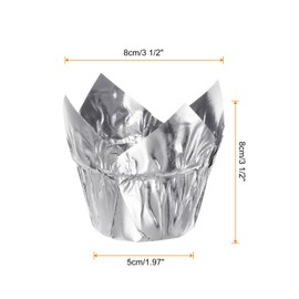 sourcing map 50Pcs Tulip Cupcake Liners Standard Aluminum Foil Baking Cups Greaseproof Wrappers Disposable for Birthday Banquets Party, Silver Tone