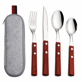 SNAILBREAD Portable Travel Utensils with Case, 4-Piece Stainless Steel Silverware Set with Wooden Handles for Work Lunch, Camping and Picnic