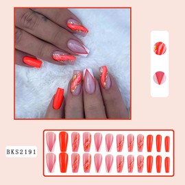Vezocim Orange Press on Nails Square 24Pcs Glossy Full Cover Medium Acrylic Square False Nails with Marble Designs Artificial Coffin Fake Nails Glue Stick ons Fingernails with Charm for Women