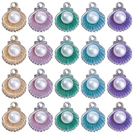 SUNNYCLUE 1 Box 50Pcs 5 Colors Clam Shell Charm Seashell Pearl Charms Alloy Enamel White Pearls Beads Conch Sea Shells Charm Bulk for Jewelry Making Charms Women Wedding DIY Necklaces Earring Crafts