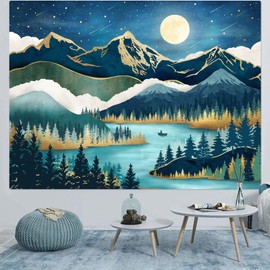 Accnicc Mountain Tapestry Nature Forest Tree Tapestries for Bedroom Aesthetic Starry Night Moon Stars Tapestrys Wall Hanging Teal Abstract Wall Tapestry for Dorm Living Room (Teal, 90'' × 68'')