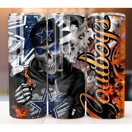 Tumbler Cowboys Fire Skull Tumbler 20oz Travel Cup Mug Stainless Steel W/ Straw