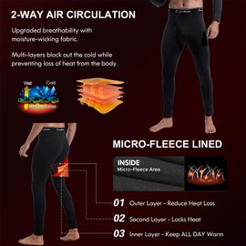 CL convallaria Men's Thermal Pants 2/4 Pcs Fleece Lined Thermal Bottom Athletic Base Layer Cold Weather Gear L A-Black