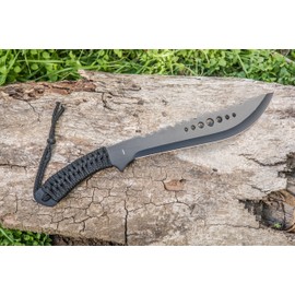 SE 15-1/2" Black Stainless Steel Machete, Recurved Blade with Zigzag Serrated Spine and Blade Holes - KFD672