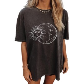 DOMODO Plus Size Oversized Vintage Tshirts for Women Acid Wash Grunge Tops Thick Cotton Shirts Baggy Band Tees Streetwear Acid Wash Charcoal Grey Moon X-Large