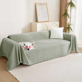 MYSKY HOME Couch Cover L Shape, Sectional Couch Covers, Couch Cover Blanket Furniture Protector for Pets, Sofa Covers Tassel Chenielle Sofa Slipcover Soft Throw Couch for Dogs,91"X150", Sage Green