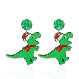 Chanaiqw Trendy Xmas Holiday Jewelry Christmas Party Hat Glitter Green Dinosaur Animal Acrylic Stud Earrings for Women (Green)