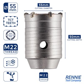 Rennie Tool Company 55mm Carbide Tipped Core Drill Bit for Brick, Concrete, Cement Stone Wall, Aerated Block, Iron, Copper, and Wood- TCT Circular Hole Saw Core Drill Hole Cutter wood hole saw sets