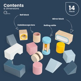 Bigjigs Toys Sensory Explorer Blocks - 14 Pieces Wooden Building Bricks with Tray, Baby & Toddler Stacking Shapes, Sustainably Made, Montessori Gifts, Age 18 Month Olds +