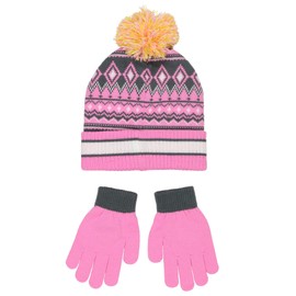 Yankee Toybox Big Kids Smiley Face Knit Pom Hat and Gloves Set (One Size, Pink)