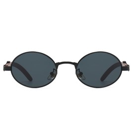 YAMEIZE Wooden Sunglasses for Men and Women Round Small Oval Retro Vintage Metal Frame Wooden Sunglasses UV400, black/grey