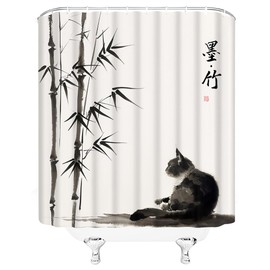 Asian Black Cat Shower Curtain Bamboo Tree Fluffy Kitten Retro Japanese Ink Painting Art Traditional Oriental Vintage Chinese Bathroom Decor Curtains with Hooks