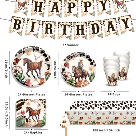Rodeo Party Decorations Tableware with Cowboy Plates Napkins Cups Tablecloth Banner for Rodeo Wild West Cowboy Birthday Party Decorations, Serves 24