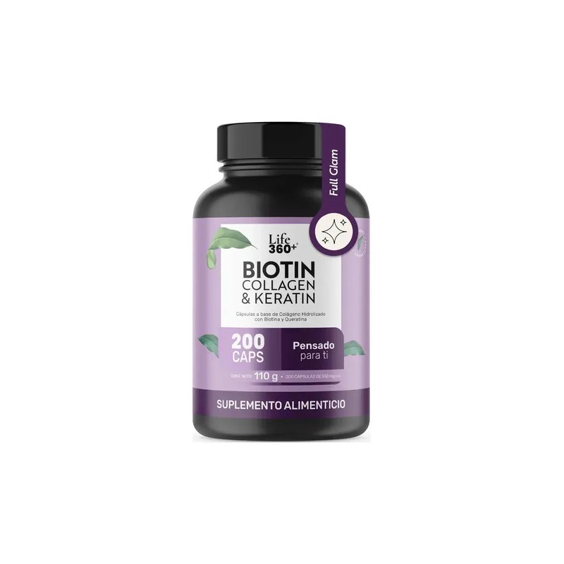 Biotina y Queratina Life 360+ Colageno Hidrolizado 200 cápsulas