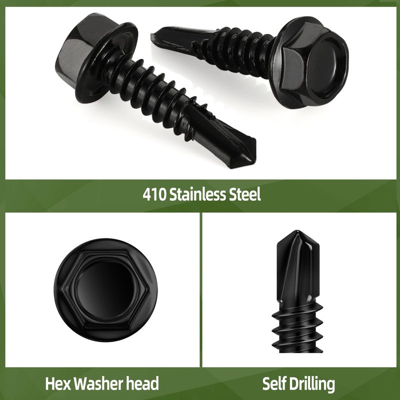 100 PCS #14 x 3/4" Sheet Metal Screws, Black Hex