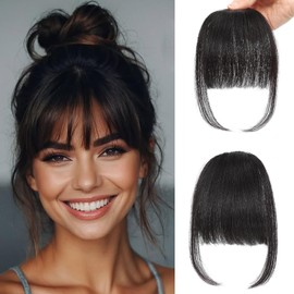 Clip In Fringe Bangs 100% Real Human Hair Wispy Bangs Hair Clip Fake Bangs On Hairpiece With Temple Air Bangs Hair Extensions for women (Brown black, Clip in Neat Bangs)