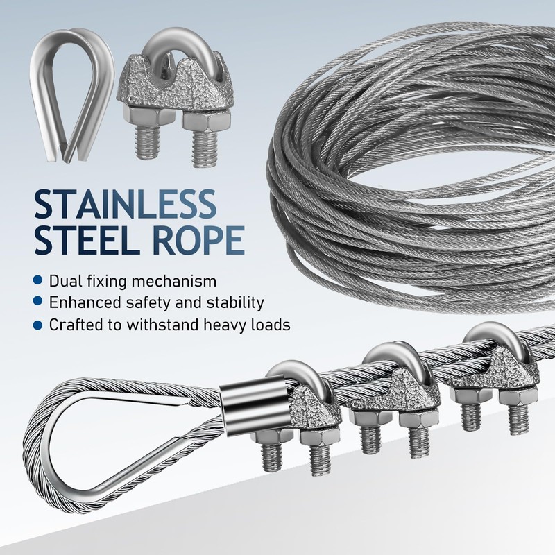 1/8" Wire Rope Kit - 50FT Steel Cable with Loop