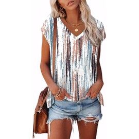 XIEERDUO Womens Spring Tops 2025 Summer Seniors Short Sleeve Shirts Resort Wear Cruise Outfits Printed B L