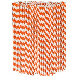 26 x 0.6 cm Long Orange White Striped Paper Straws - For Drinks, Parties, Large Cups, Pack of 100, 100% Biodegradable
