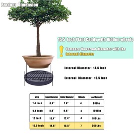 15.5Inch Plant Caddy with Hidden Wheels, Rolling Plants Stand with Wheel, 7 Invisible Casters, Indoor Plant Saucers on Wheels, Heavy Duty Wheeled Plant Dolly, Planter Roller Base, Gray, 2Pack