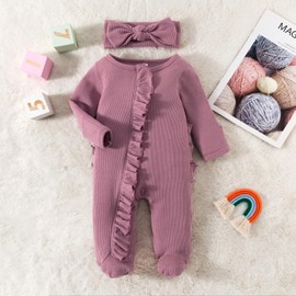 YINGISFITM Newborn Coming Home Outfit Girl Boy Zip Up Ruffle Footie Romper Jumpsuit Waffle Knit Onesie Hospital Clothes (Purple, 0-3 Months)