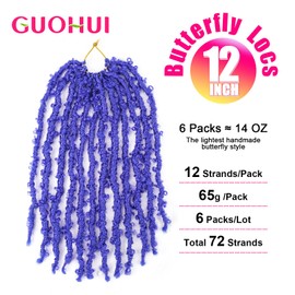 GUOHUI Super Light Butterfly Locs Crochet Hair 12 Inch 6 Packs Pre-Looped Soft Distressed Faux Locs Braids for Women Kids (12 Inch,BLUE#)