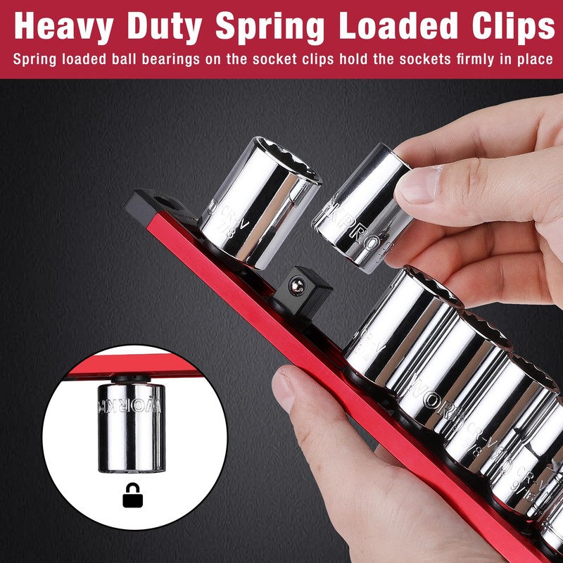 WORKPRO Magnetic Socket Organizer Set, 3-Piece Aluminum Alloy Socket Rail,