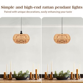 QIHONGLT Farmhouse Rattan Chandelier,13.4'' Boho Hand Woven Pendant Light, 3-Light Wicker Chandelier Light Fixture for Dining Room/Living Room/Kitchen Island, E12 Base (Black)