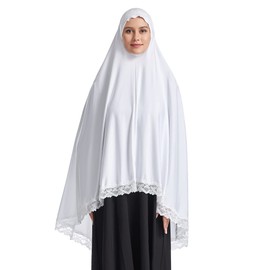 Khimar Long Hijab Scarf For Women One Piece Lace Headscarf Muslim Ready To Wear Jersey Scarves Instant Undercap Non See Through Headwear Arabia Islamic Prayer Dress Shawls Body Cover White XL