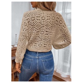 MakeMeChic Women's Pointelle Lantern Sleeve V Neck Wrap Tie Side Cardigan Sweater Crop Knitwear Khaki Large