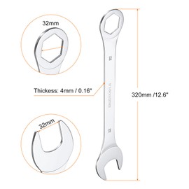 HARFINGTON Thin Combination Wrench Metric 32mm 6-Point Ended Box 15 Degree Offset Open End CR-V Chrome Plated Steel, Silver