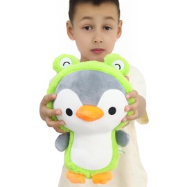 CASAGOOD Fuzzy Penguin Stuffed Animal in Frog Costume Penguin Doll Dressed in Green Fluffy Froggy Outfit Plush Toys with Removable Hat Anime Gift for Kids and Lovers 10 Inch