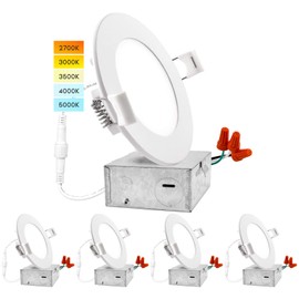 Luxrite 4 Inch Ultra Thin LED Recessed Light with Junction Box, 10W, CCT Color Selectable 2700K | 3000K | 3500K | 4000K | 5000K, Dimmable Wafer Lights, 750 Lumens, ETL & Energy Star, IC Rated (4 Pack)
