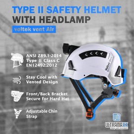 UM ULTRAMAXX Type II Hard Hat with Rechargeable Headlamp – ANSI Z89.1 Class C, Type 2 Hard Hat with Chin Strap, Front & Rear Hardhat Headlamp, for Construction Tree Work Storm Recovery(White)