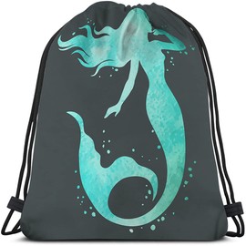 Beabes Watercolor Mermaid Drawstring Bags Backpack Bag Beautiful Silhouette Hand Painted Ocean Theme Fairy Sport Gym Sack Drawstring Bag String Bag Yoga Bag for Men Women