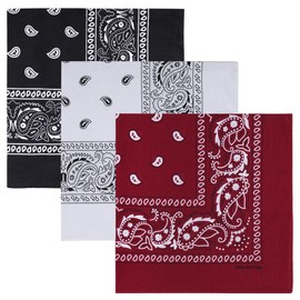 Raylarnia 100% Cotton Large Bandanas for Men and Women, 22 Inch Paisley Bandana with Multiple Colors (Black/White/Burgundy)