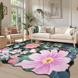 Wonnitar Washable 8x10 Area Rugs for Living Room, Non-Slip Boho Floral Rugs for Bedroom Aesthetic, Low Pile Soft Scalloped Nursery Rug Botanical Floor Carpet for Playroom Closet (Black,8'x10')