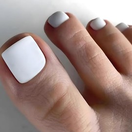 White Press on Toes Nails Short Square Fake Toe Nails Artificial Glossy Toe Nails Press on Acrylic Full Cover False Toenails for Women