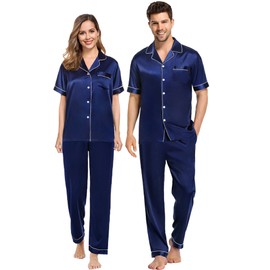 SWOMOG Couples Pajamas Sets Women & Men Satin Short Sleeve Sleepwear Button Down Loungewear Pjs Set with Long Pants Men Navy Blue X-Large